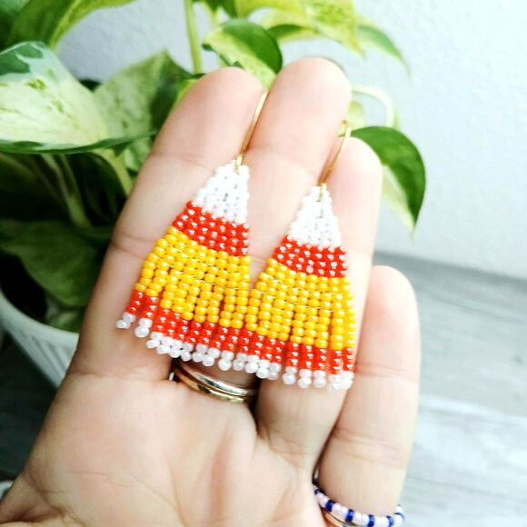 Candy Corn Beaded Fringe Cascade Shoulder Duster Dangle Earrings, 2" - Picture 2 of 5